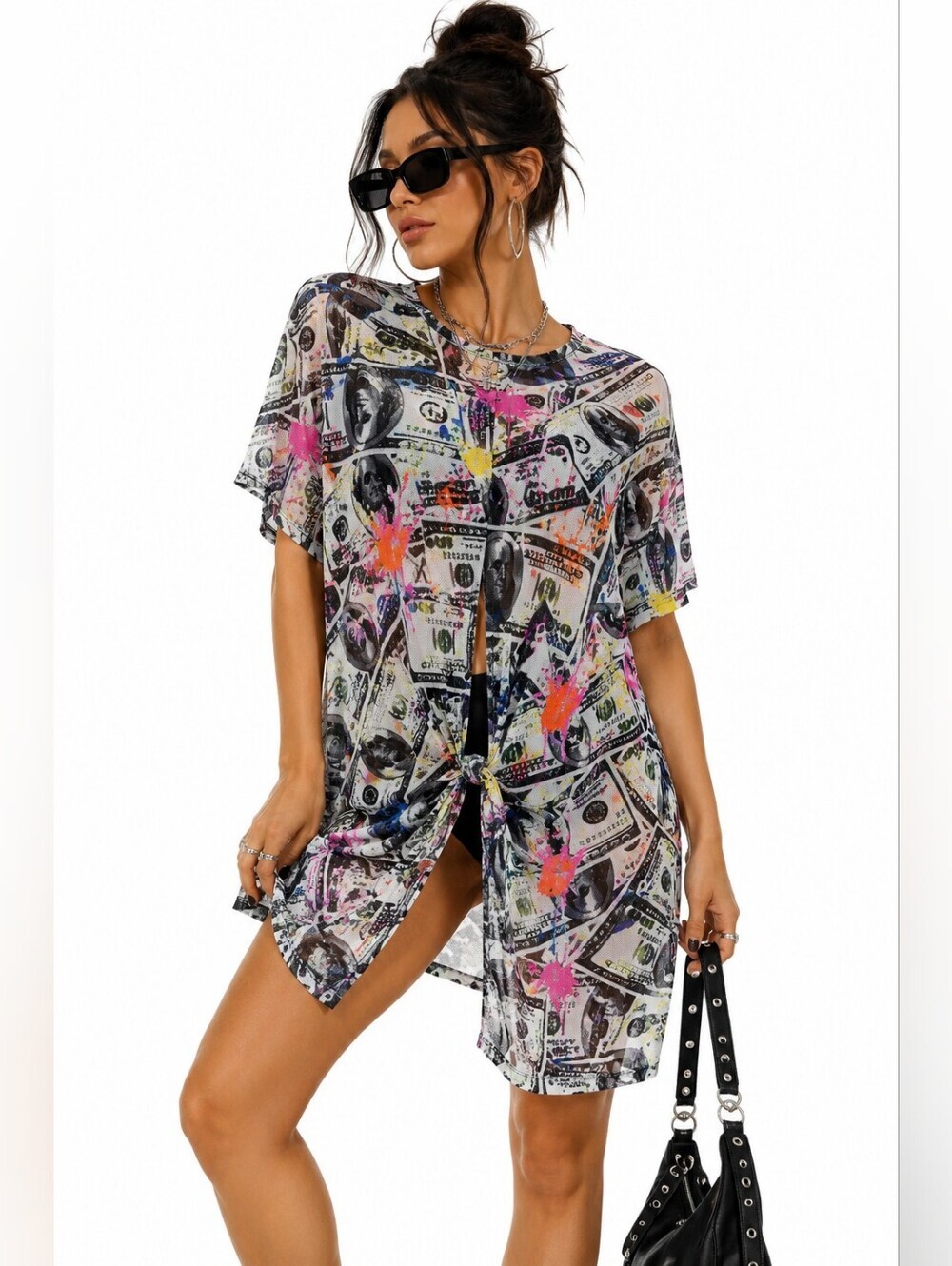 Top Fashion of NY Money Print Mesh Tunic Tie Front Streetwear Top Medium